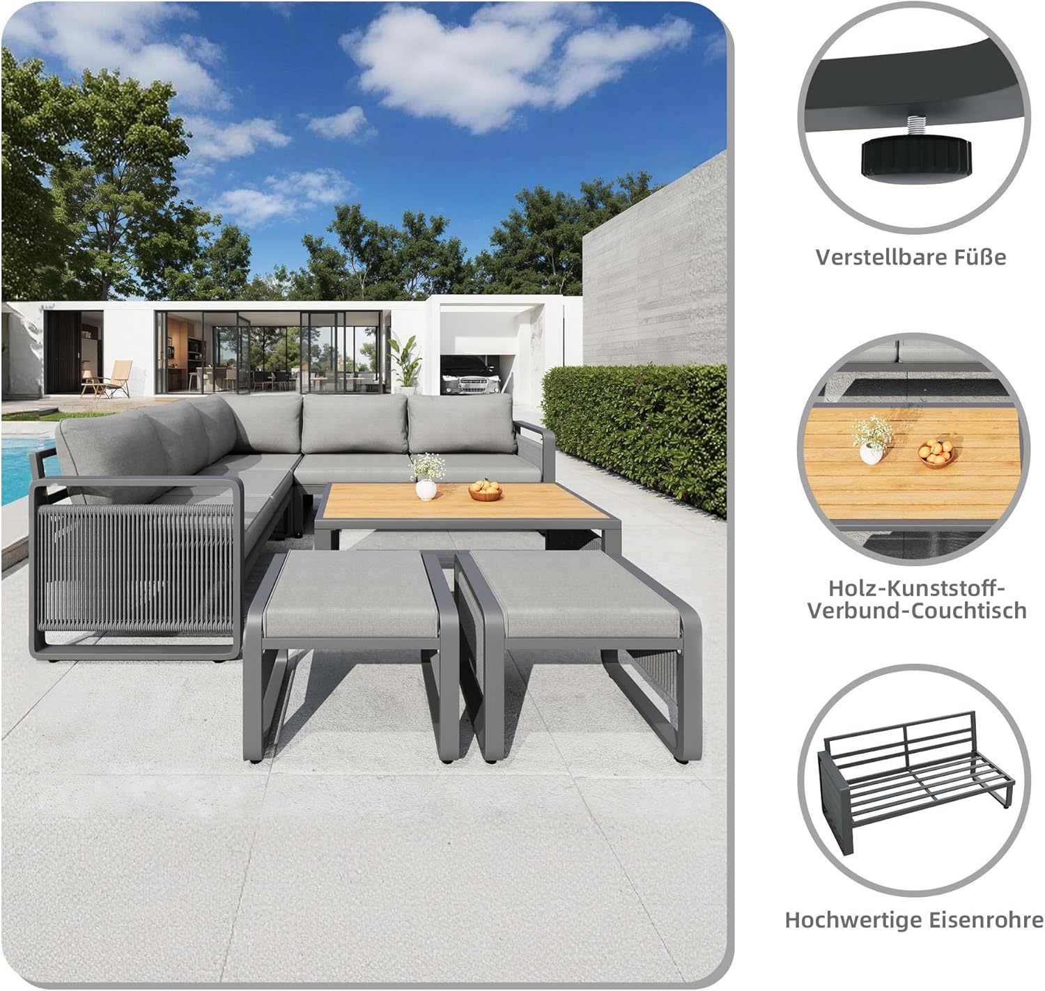 Merax Gartenmöbel Lounge Set 6-7 Personen, Gartensofa Eckgarnitur mit Liege, Handgewebtes Seil Outdoor Sofa, Wetterfestes Gartenmöbel Set für Terrasse, Balkon, Garten, Grau