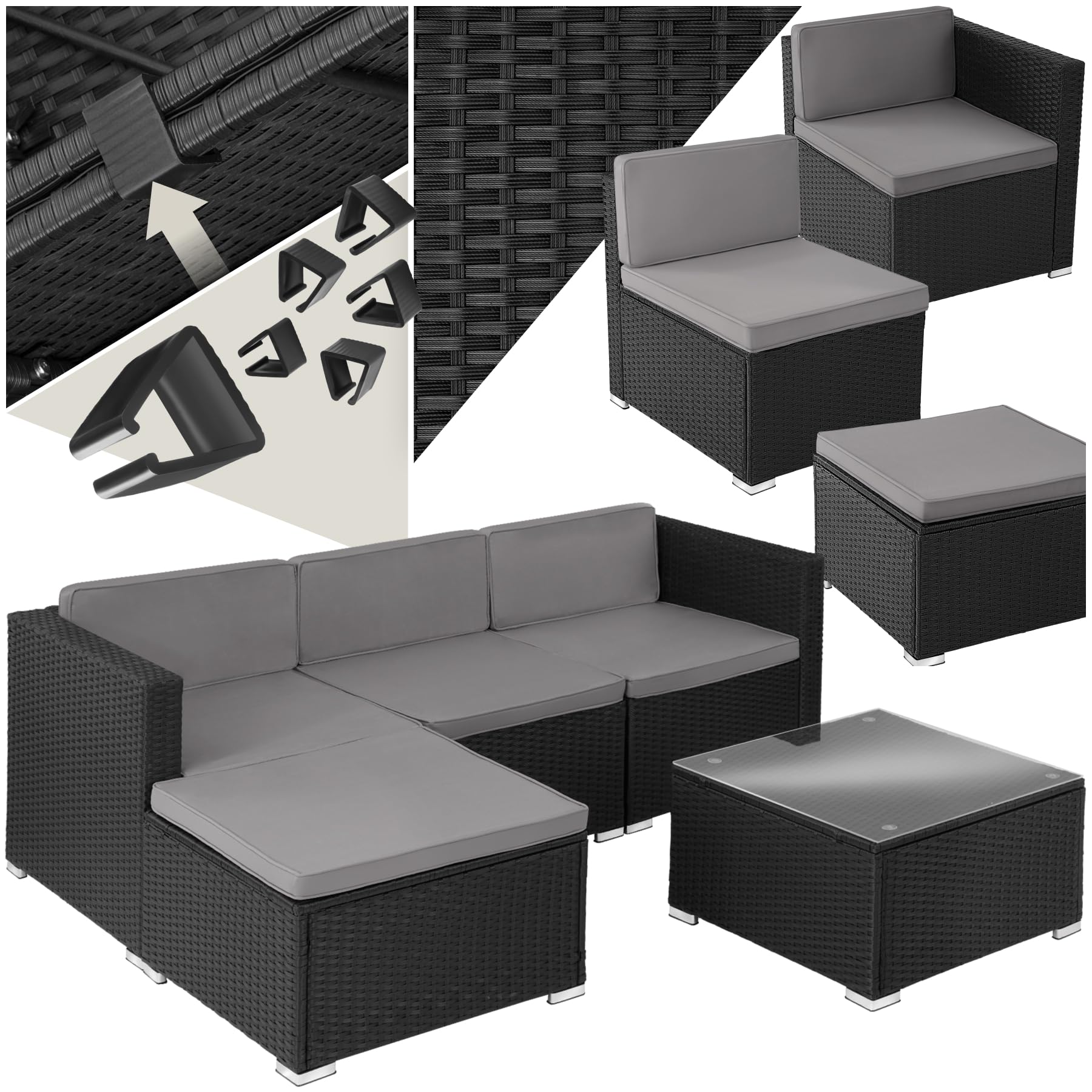 tectake® Poly Rattan Lounge, Outdoor Sitzgruppe, Set mit Sofa, 2 Sesseln, Hocker, Tisch, frei kombinierbar, Gartenmöbel für 5-6 Personen, für Garten Terrasse Balkon, inkl. Polster - schwarz