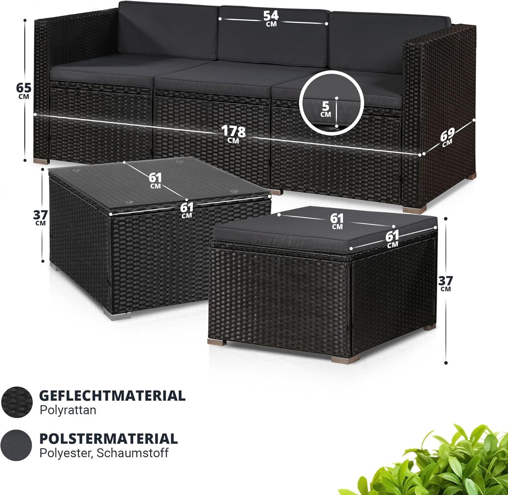 Juskys Polyrattan Lounge Punta Cana M für 3-4 Personen mit 3er Sofa, Sessel, Tisch & Kissen, Sitzgruppe für Garten, Terrasse und Balkon, Gartenmöbel Set wetterfest - schwarz/grau