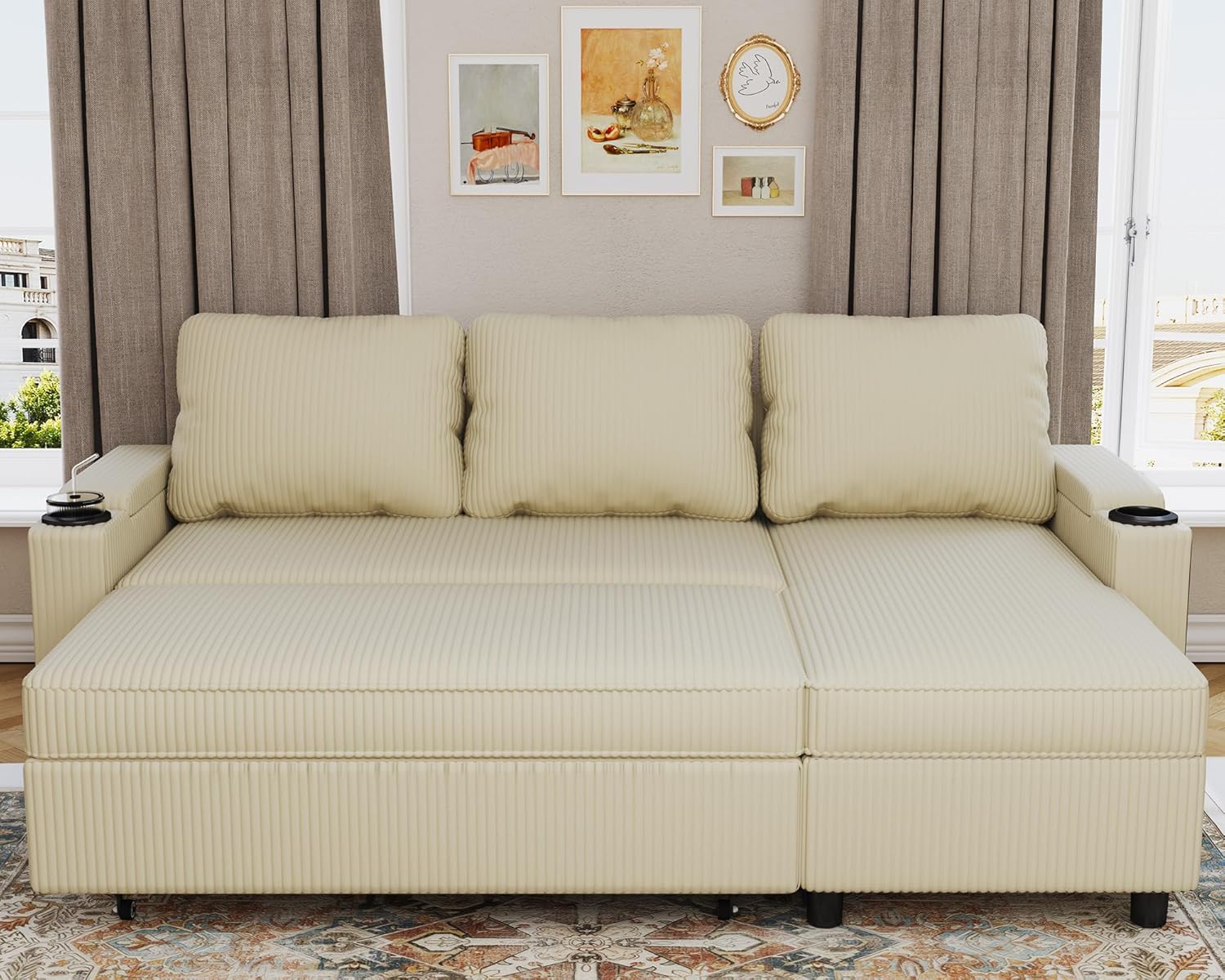 Devoko Ecksofa mit Schlaffunktion und Bettkasten L-Form Sofa 3-Sitzer Ausziehbares Schlafsofa Velours Couch Kleines Schlafcouch für Wohnung und Wohnzimmer, Beige