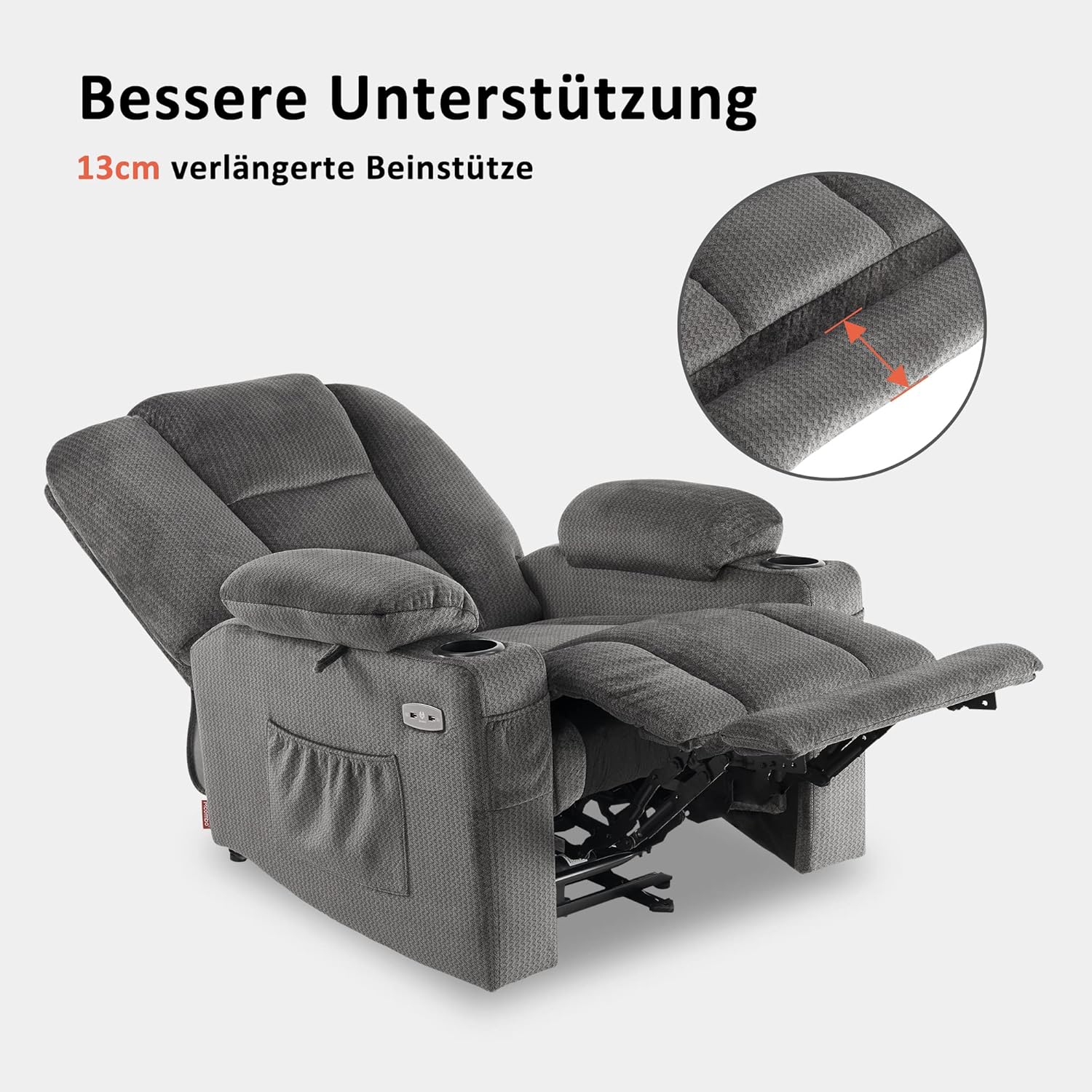 M MCombo Fernsehsessel elektrisch verstellbar 7008, Relaxsessel mit Liegefunktion, TV Sessel mit Massage & Wärmefunktion, USB & Getränkehalter, Wohnzimmer (Stoff, Grau)