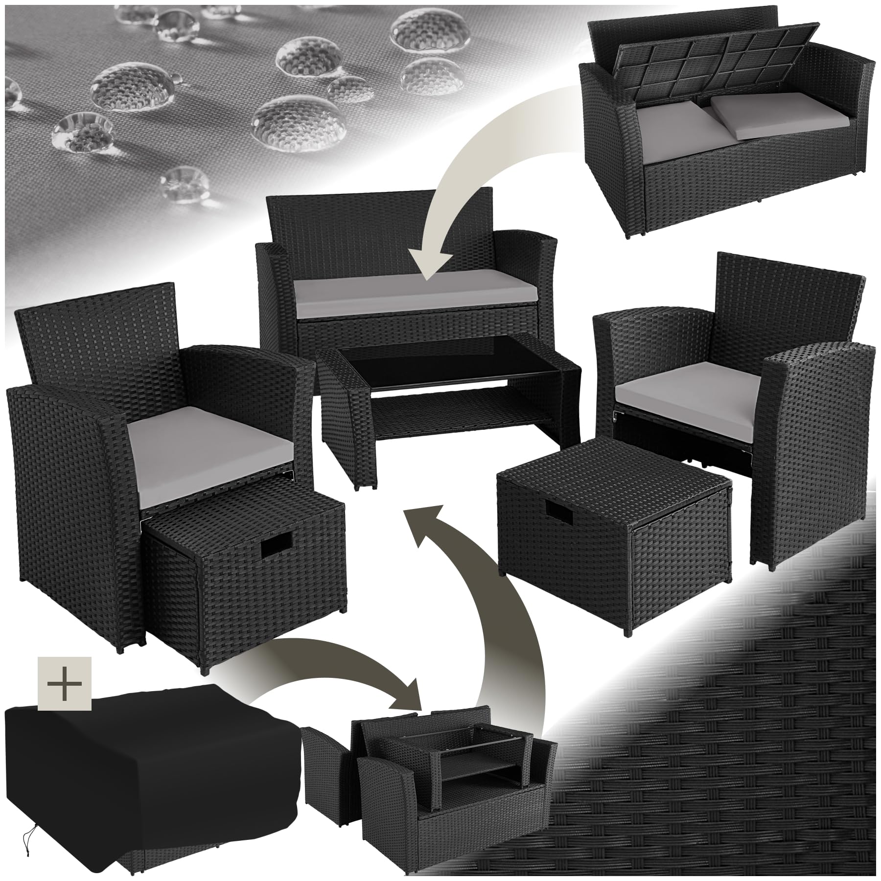 tectake Polyrattan Garten Sitzgruppe für 4 Personen mit Hocker, Rattan Gartenmöbel Set mit eingebauter Auflagenbox in der Sitzbank, Garten und Balkon Möbel - grau