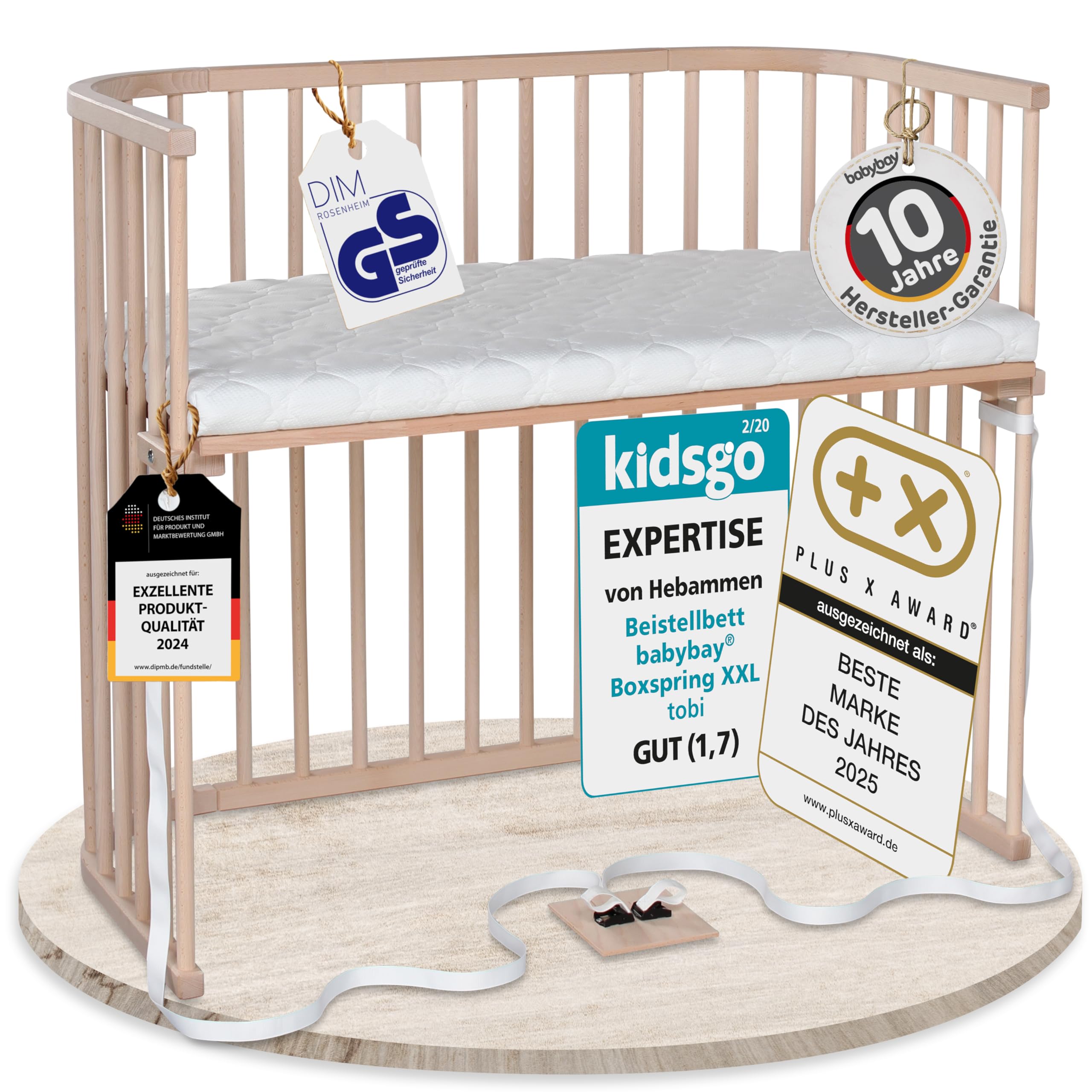 babybay Original Beistellbett aus massivem Buchenholz / kompakt & verwandelbar / Kinderbett Höhe stufenlos verstellbar & umweltfreundlich / mitwachsendes Babybett (weiß lackiert) / inkl. Matratze
