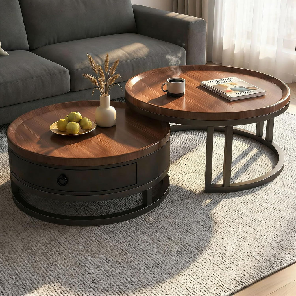 Generisch Couchtisch rund 2er Set mit Stauraum, Wohnzimmertisch mit Holz Schubladen, Walnussoptik und Metallrahmen, Moderne Kaffeetische Satztische Sofatisch für Wohnzimmer Schlafzimmer
