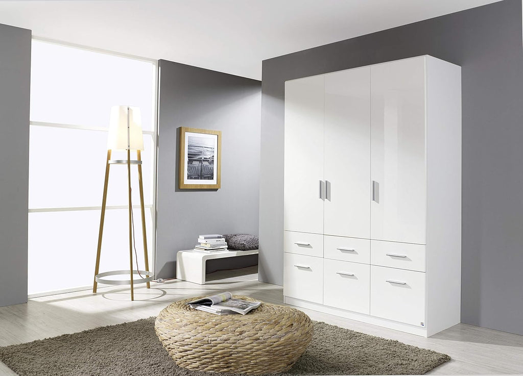 Rauch Möbel Celle, Kleiderschrank für Schlafzimmer, Kinderzimmer, Babyzimmer, Garderobe, Flur, 3-türig, 6 Schubladen, Farbe Hochglanz Weiß/Weiß, Breite 136 cm