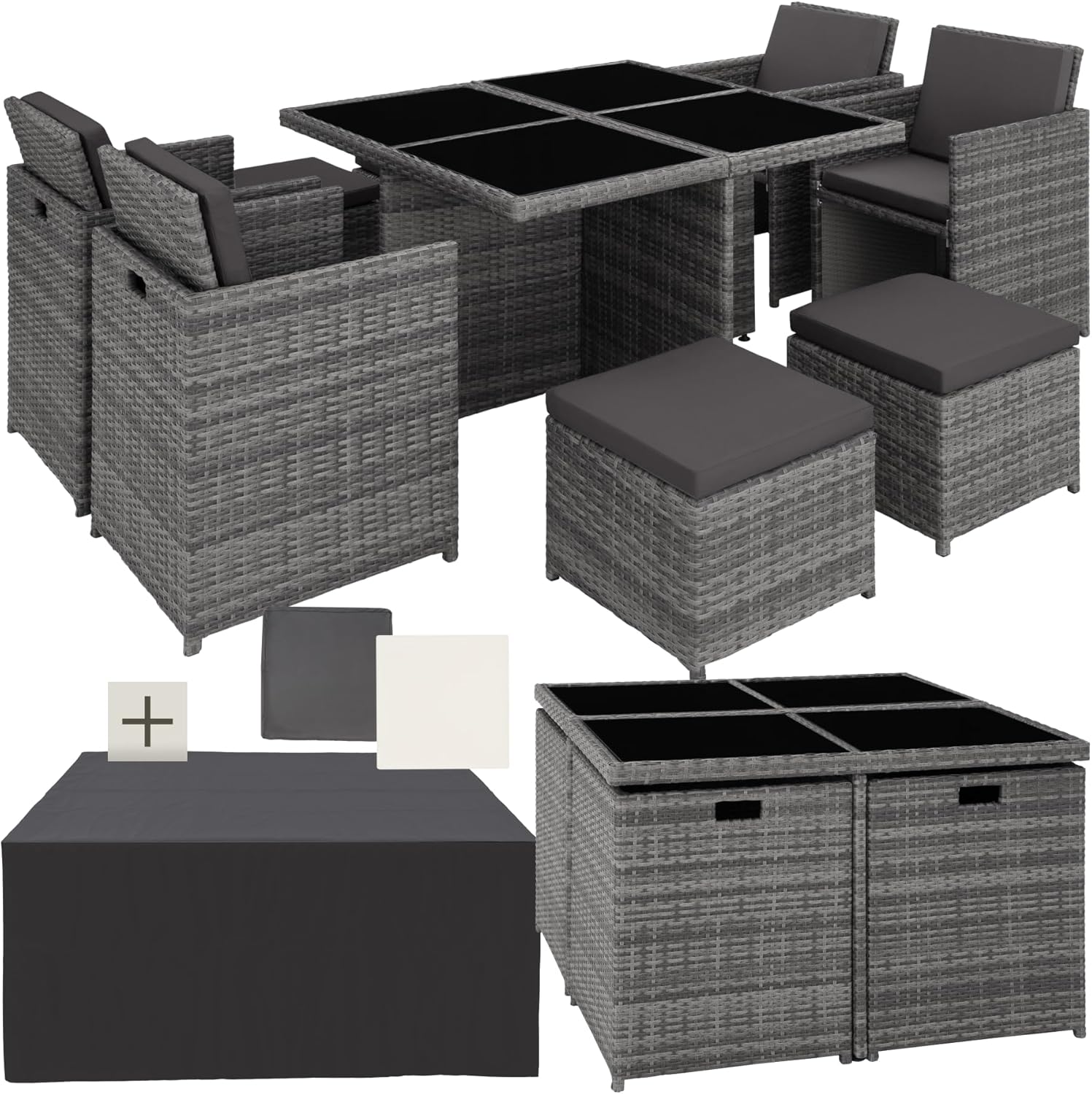 tectake® Rattan Lounge Möbel Set mit Aluminium Gestell, 4 Stühle, 4 Hocker, Tisch, platzsparende Aufbewahrung, Outdoor Rattan Gartenmöbel für Garten Terrasse, mit Abdeckung und 2 Bezugssets - grau