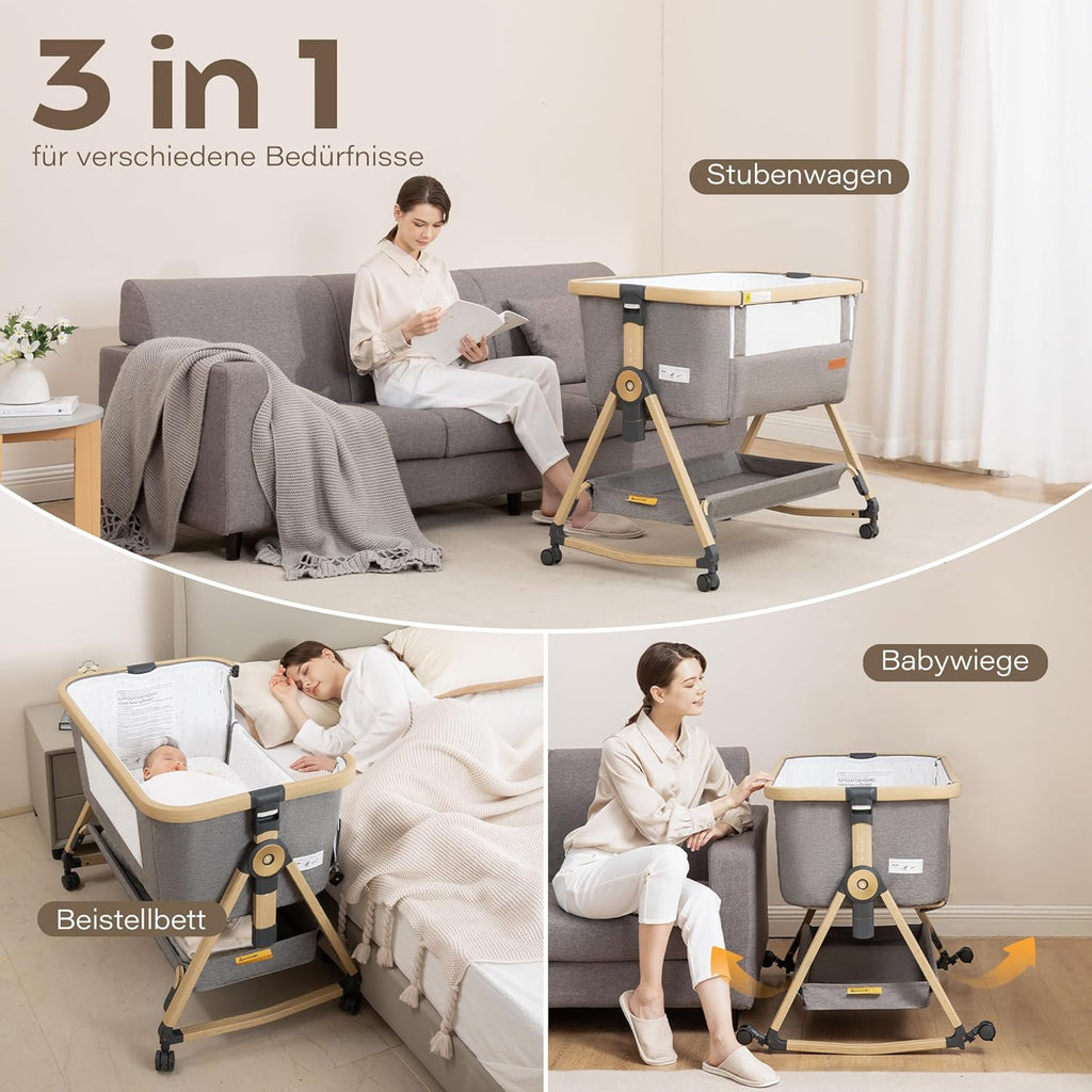 Maydolly 3-in-1 Baby Beistellbett – Vielseitiges Beistellbett, Reisebett & Stubenwagen inklusive Matratze & Moskitonetz – Höhenverstellbar mit Rollen, klappbar und mit Tragetasche – Grau