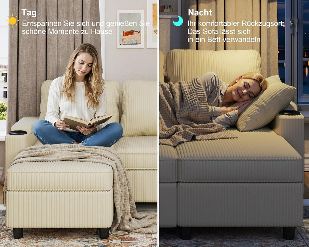 Devoko Ecksofa mit Schlaffunktion und Bettkasten L-Form Sofa 3-Sitzer Ausziehbares Schlafsofa Velours Couch Kleines Schlafcouch für Wohnung und Wohnzimmer, Beige