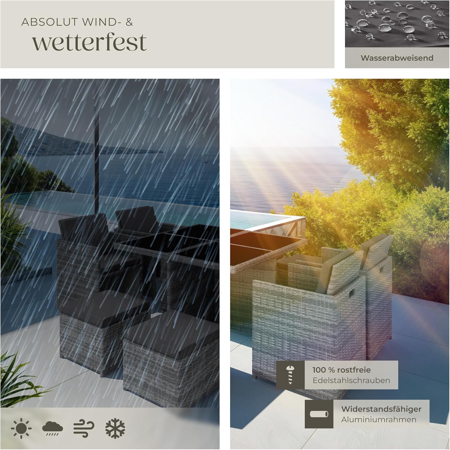 tectake® Rattan Lounge Möbel Set mit Aluminium Gestell, 4 Stühle, 4 Hocker, Tisch, platzsparende Aufbewahrung, Outdoor Rattan Gartenmöbel für Garten Terrasse, mit Abdeckung und 2 Bezugssets - grau