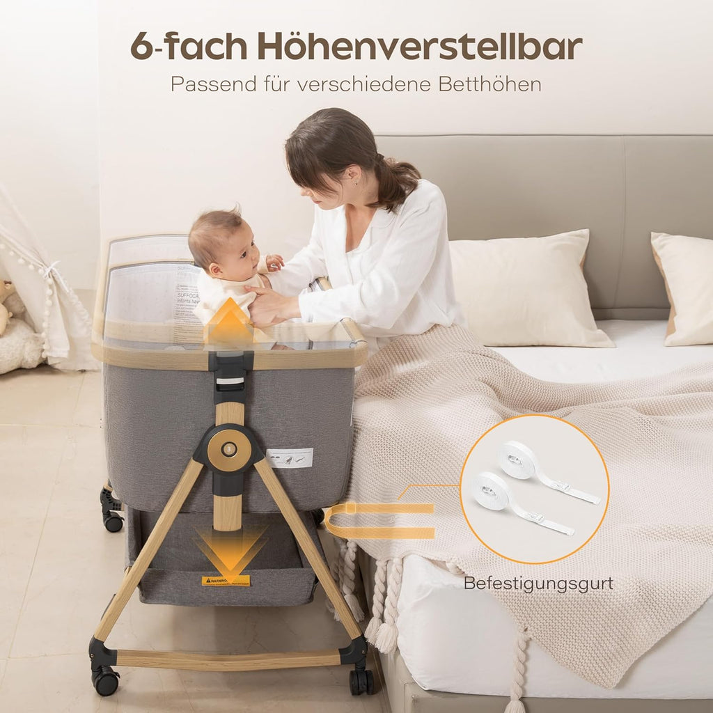 Maydolly 3-in-1 Baby Beistellbett – Vielseitiges Beistellbett, Reisebett & Stubenwagen inklusive Matratze & Moskitonetz – Höhenverstellbar mit Rollen, klappbar und mit Tragetasche – Grau