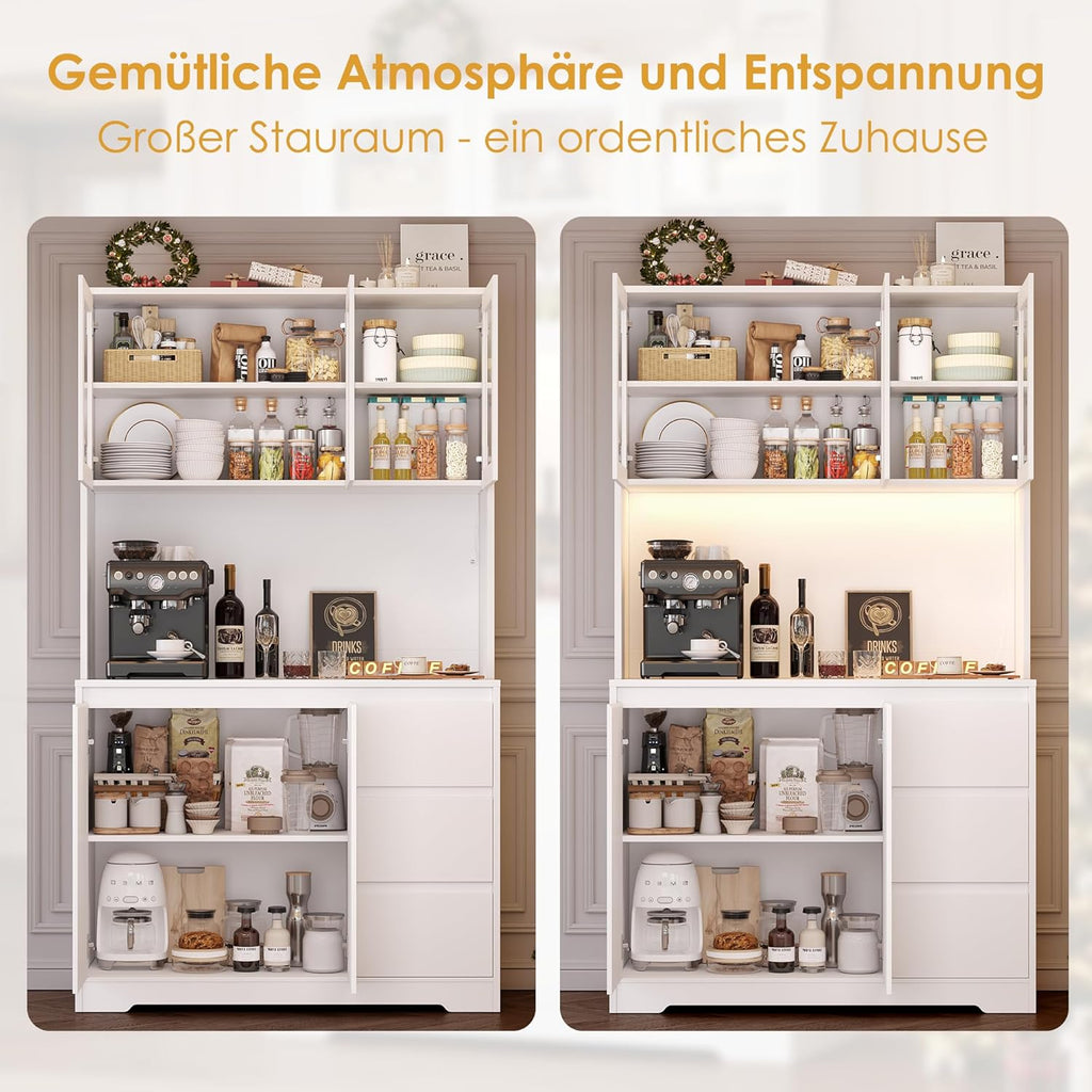FirFurd Küchenschrank mit LED und Steckdosenleiste Buffetschrank Küchenschrank mit Arbeitsplatte und 3 Schubladen Küchenbuffet mit Verstellbares Regal Sideboard für Küche 180x100x38.5 cm weiß