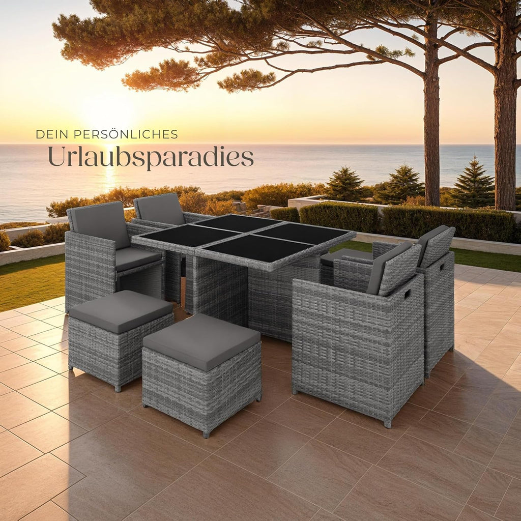 tectake® Rattan Lounge Möbel Set mit Aluminium Gestell, 4 Stühle, 4 Hocker, Tisch, platzsparende Aufbewahrung, Outdoor Rattan Gartenmöbel für Garten Terrasse, mit Abdeckung und 2 Bezugssets - grau