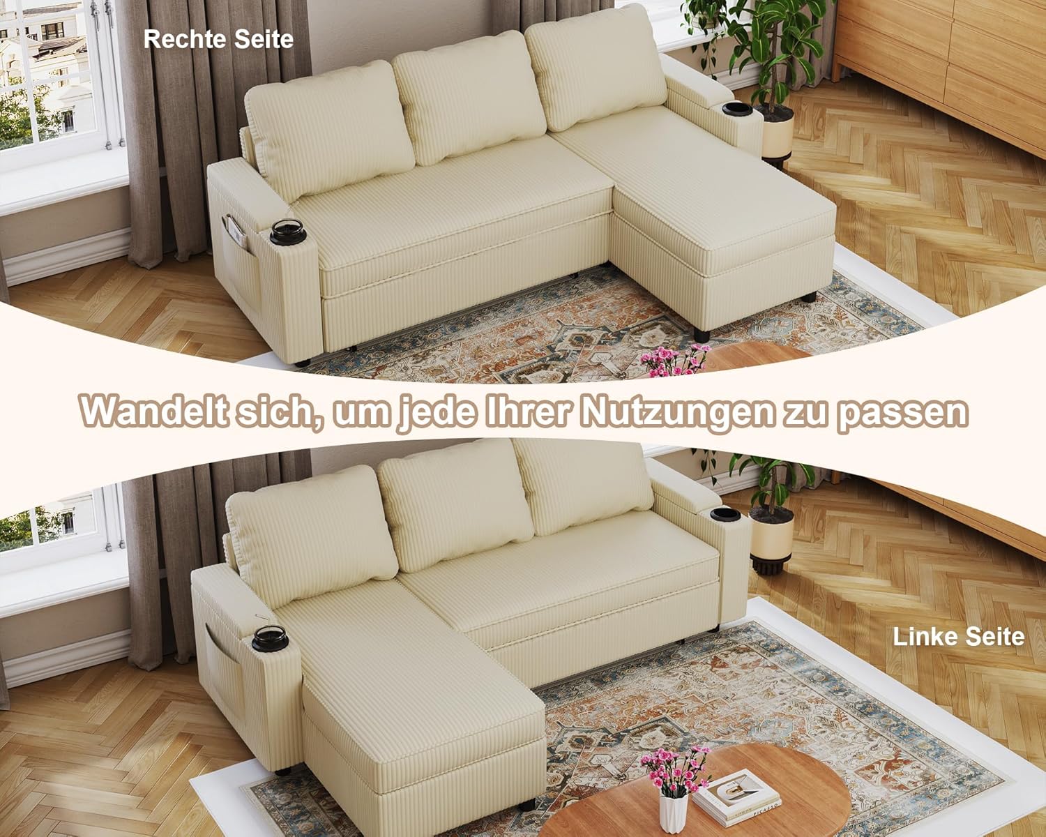 Devoko Ecksofa mit Schlaffunktion und Bettkasten L-Form Sofa 3-Sitzer Ausziehbares Schlafsofa Velours Couch Kleines Schlafcouch für Wohnung und Wohnzimmer, Beige