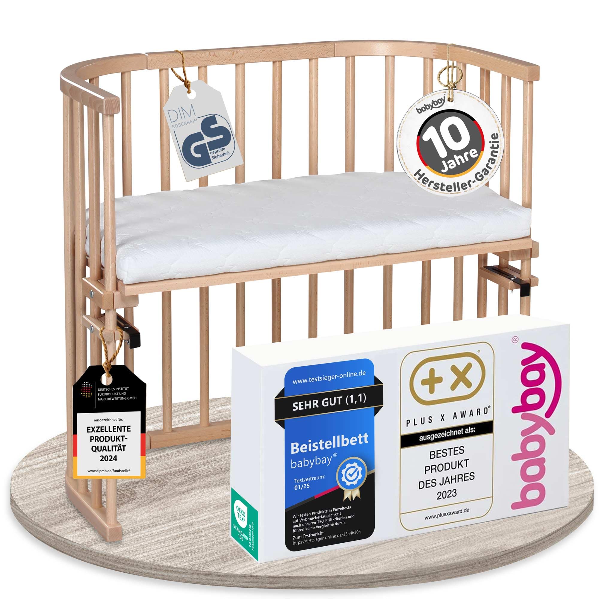 babybay Original Beistellbett aus massivem Buchenholz / kompakt & verwandelbar / Kinderbett Höhe stufenlos verstellbar & umweltfreundlich / mitwachsendes Babybett (weiß lackiert) / inkl. Matratze