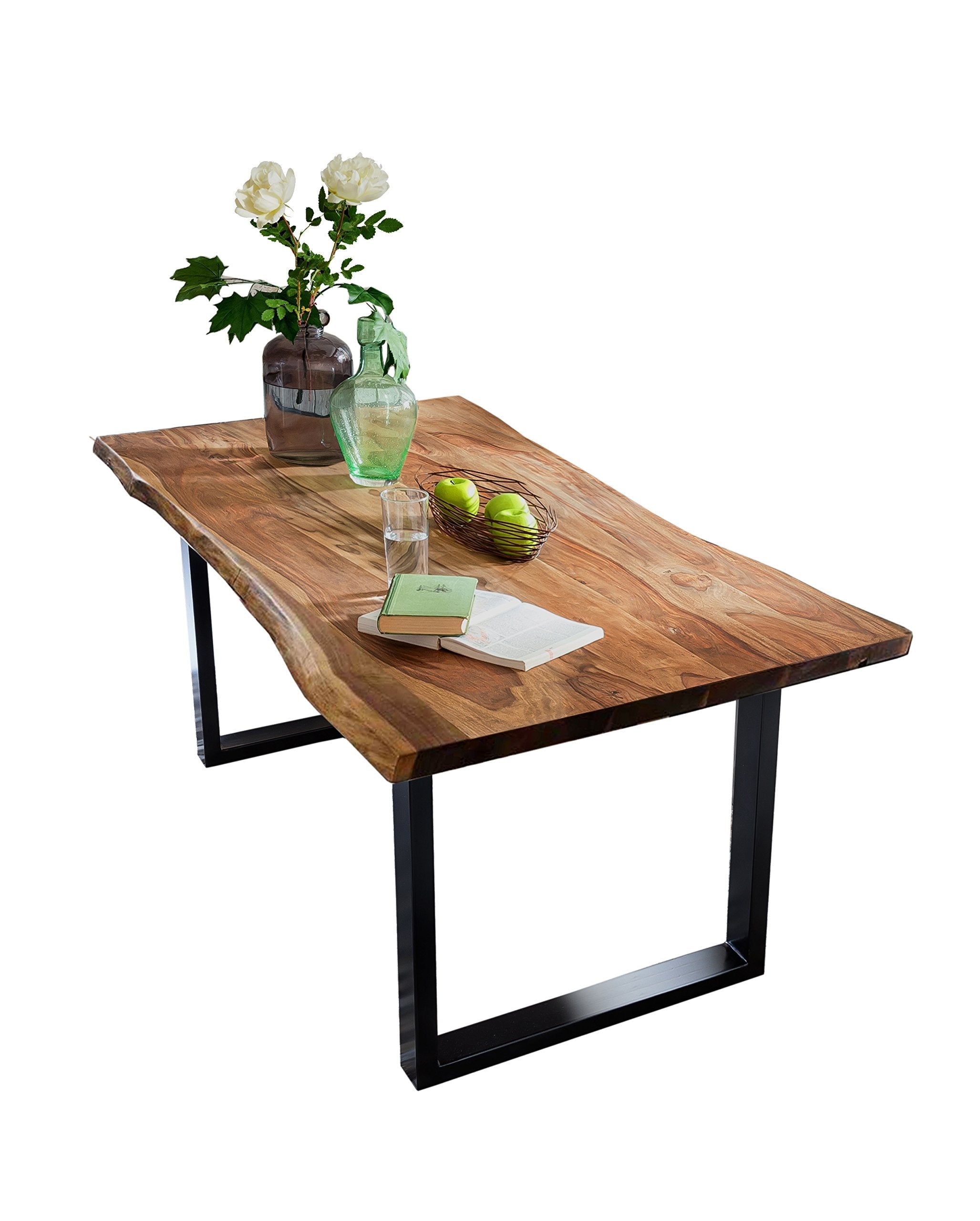 SAM Baumkantentisch 220x100 cm Quarto, Akazienholz massiv + nussbaumfarben, Esstisch mit schwarzem U-Gestell, Esszimmertisch/Holztisch Industrial-Design, Tischplatte 26 mm