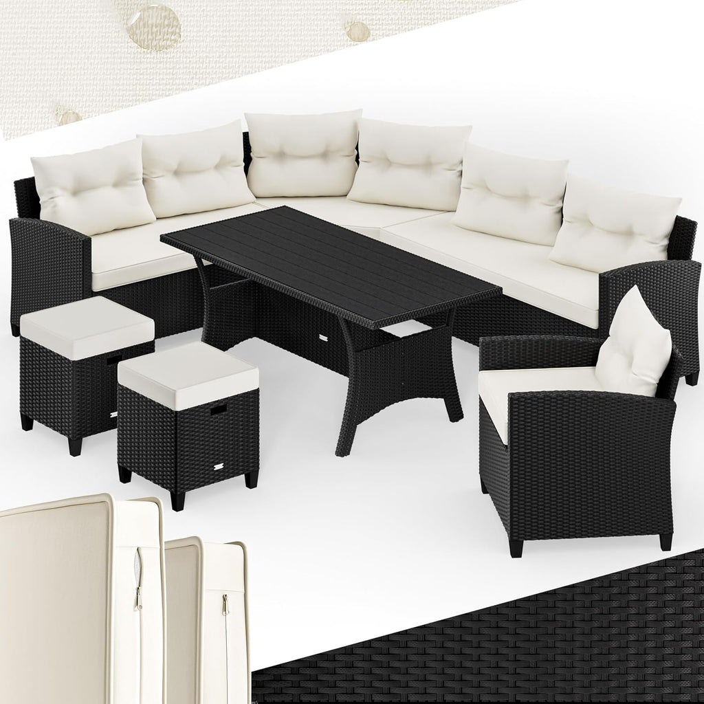 Casaria® Polyrattan Ecklounge Set WPC Esstisch Ecksofa Sessel 2 Hocker inkl. Sitzauflagen Kissen Wetterfest Outdoor Lounge Garten Terrasse Balkon Möbel