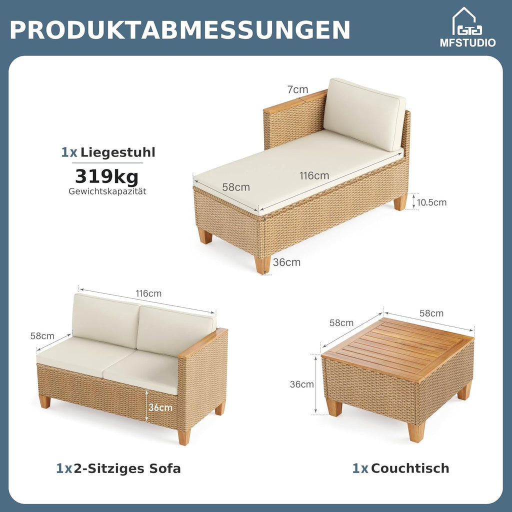 MFSTUDIO 3-Teilig Rattan Gartenmöbel Set mit Beigen Kissen für 4 Personen, Kleines L-Förmiges Outdoor Sofa mit Holztisch, Gartenlounge Set Outdoor für Terrasse, Balkon