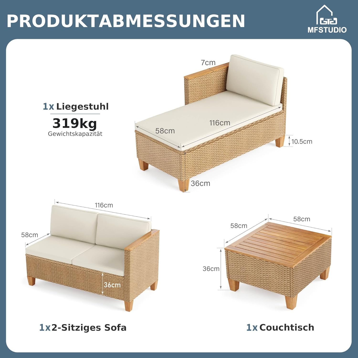 MFSTUDIO 3-Teilig Rattan Gartenmöbel Set mit Beigen Kissen für 4 Personen, Kleines L-Förmiges Outdoor Sofa mit Holztisch, Gartenlounge Set Outdoor für Terrasse, Balkon