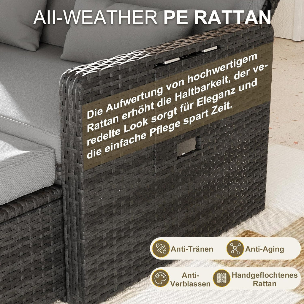 UDPATIO Rattan Lounge Möbel Outdoor, Lounge Balkonmöbel Gartensofa mit Hocker,Rattan Sofa mit Stauraum, Verstellbares 2 Sitzer Garten-Bett für Terrasse,Balkon,Garten,Grau-meliert & Dunkelgraue Bezüge