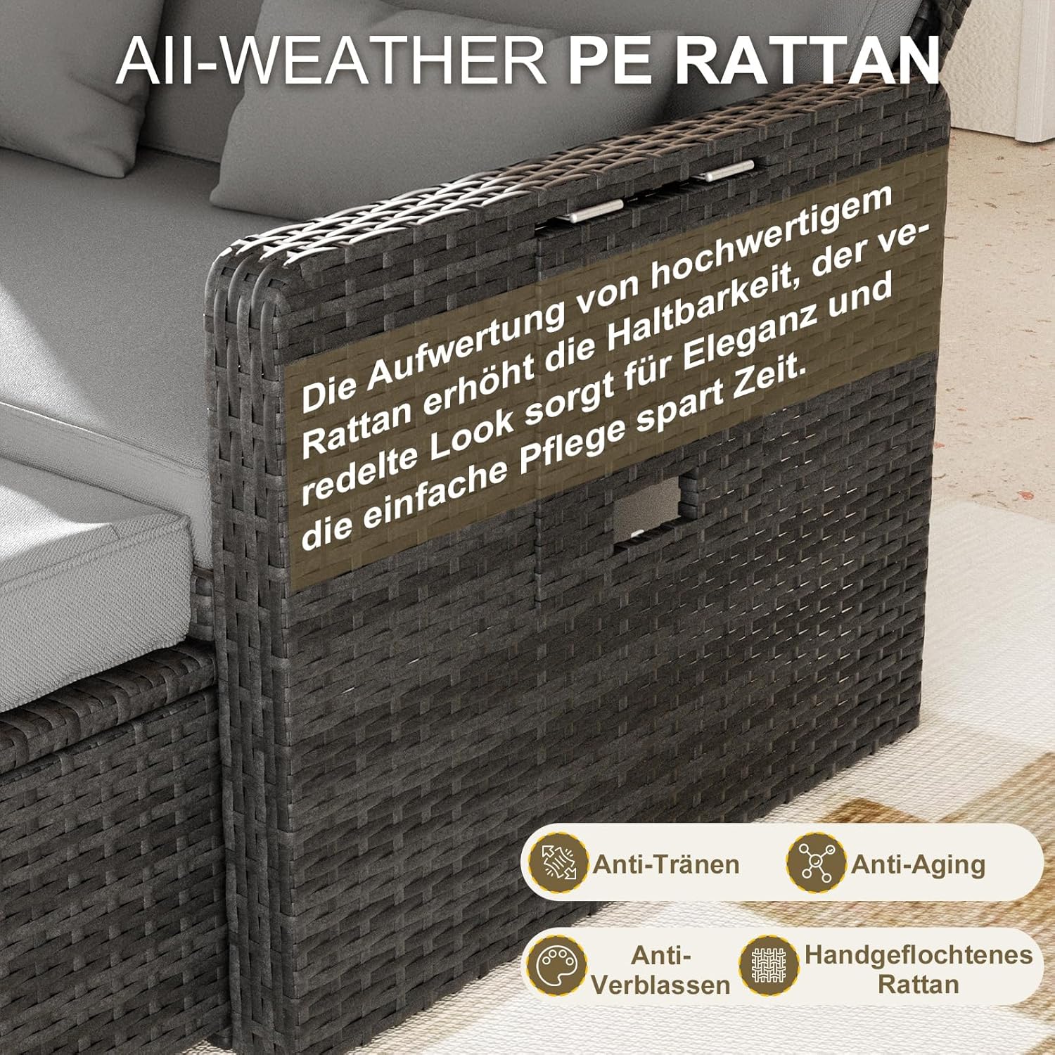 UDPATIO Rattan Lounge Möbel Outdoor, Lounge Balkonmöbel Gartensofa mit Hocker,Rattan Sofa mit Stauraum, Verstellbares 2 Sitzer Garten-Bett für Terrasse,Balkon,Garten,Grau-meliert & Dunkelgraue Bezüge