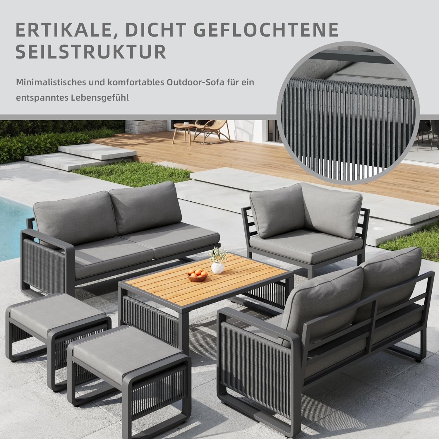 Merax Gartenmöbel Lounge Set 6-7 Personen, Gartensofa Eckgarnitur mit Liege, Handgewebtes Seil Outdoor Sofa, Wetterfestes Gartenmöbel Set für Terrasse, Balkon, Garten, Grau