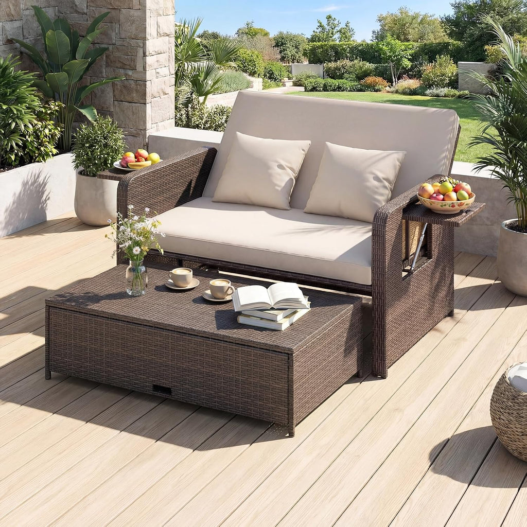 GIANTEX Lounge Möbel Outdoor, Rattan Gartenlounge Set mit Hocker, Gartensofa mit Liegefunktion, Balkon Lounge Set, Doppelliege Outdoor Sofa, Balkonmöbel Sonneninsel Loungebett mit stauraum | Drei in einem Design
