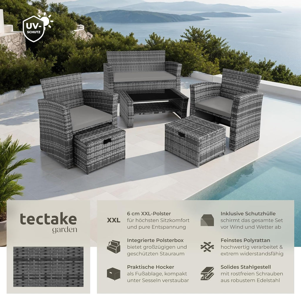 tectake Polyrattan Garten Sitzgruppe für 4 Personen mit Hocker, Rattan Gartenmöbel Set mit eingebauter Auflagenbox in der Sitzbank, Garten und Balkon Möbel - grau