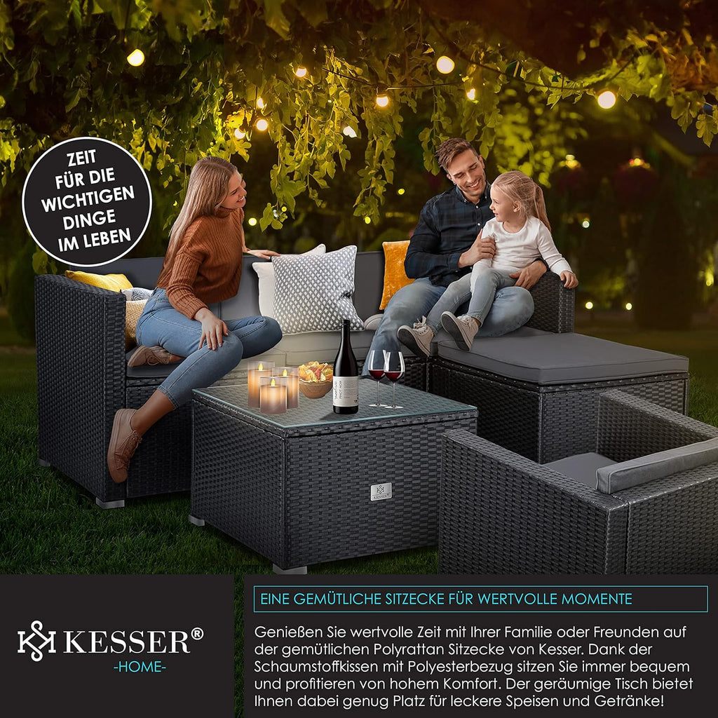KESSER® Polyrattan Lounge Aruba - Gartenlounge für 4-5 Personen Gartenmöbel-Set Sitzgruppe aus 3er Gartensofa, Sessel, Hocker Beistelltisch mit Sitzkissen für Garten, Terrasse und Balkon, Anthrazit