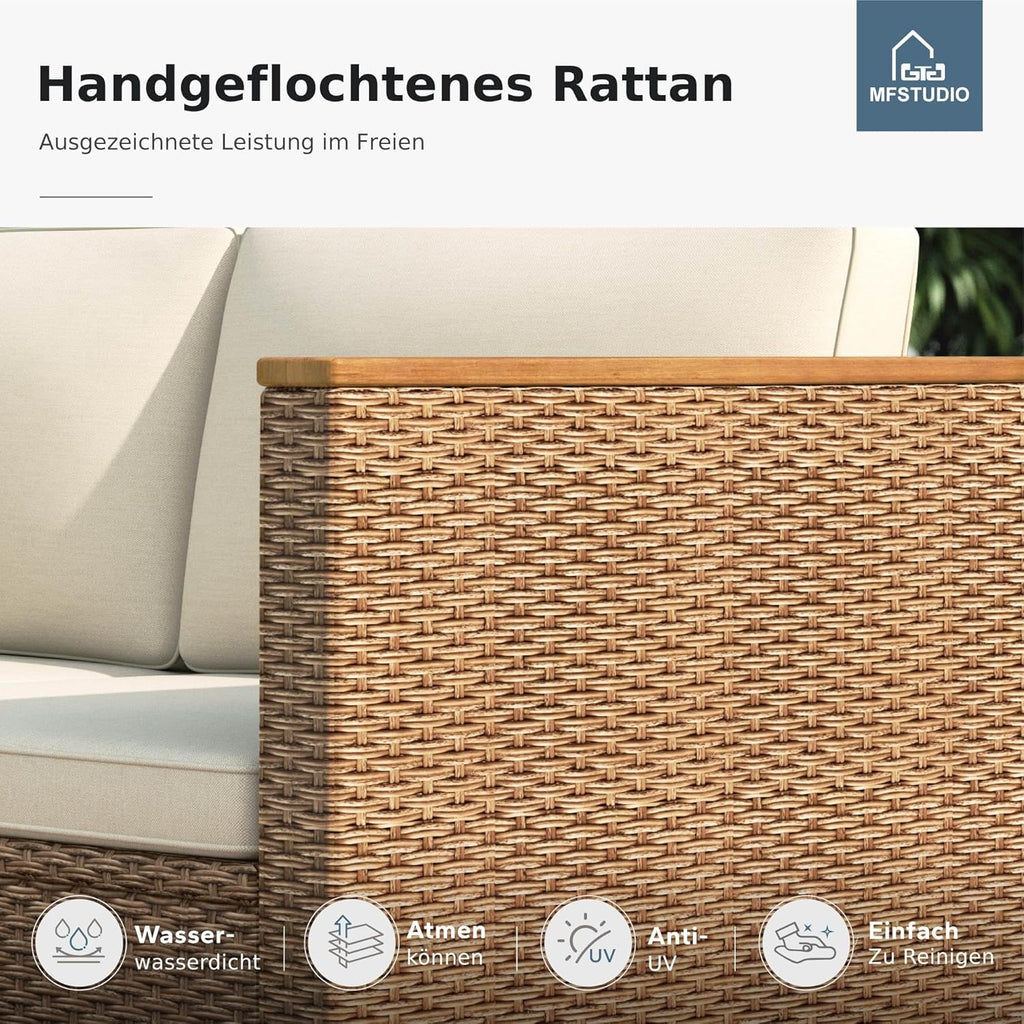 MFSTUDIO 3-Teilig Rattan Gartenmöbel Set mit Beigen Kissen für 4 Personen, Kleines L-Förmiges Outdoor Sofa mit Holztisch, Gartenlounge Set Outdoor für Terrasse, Balkon