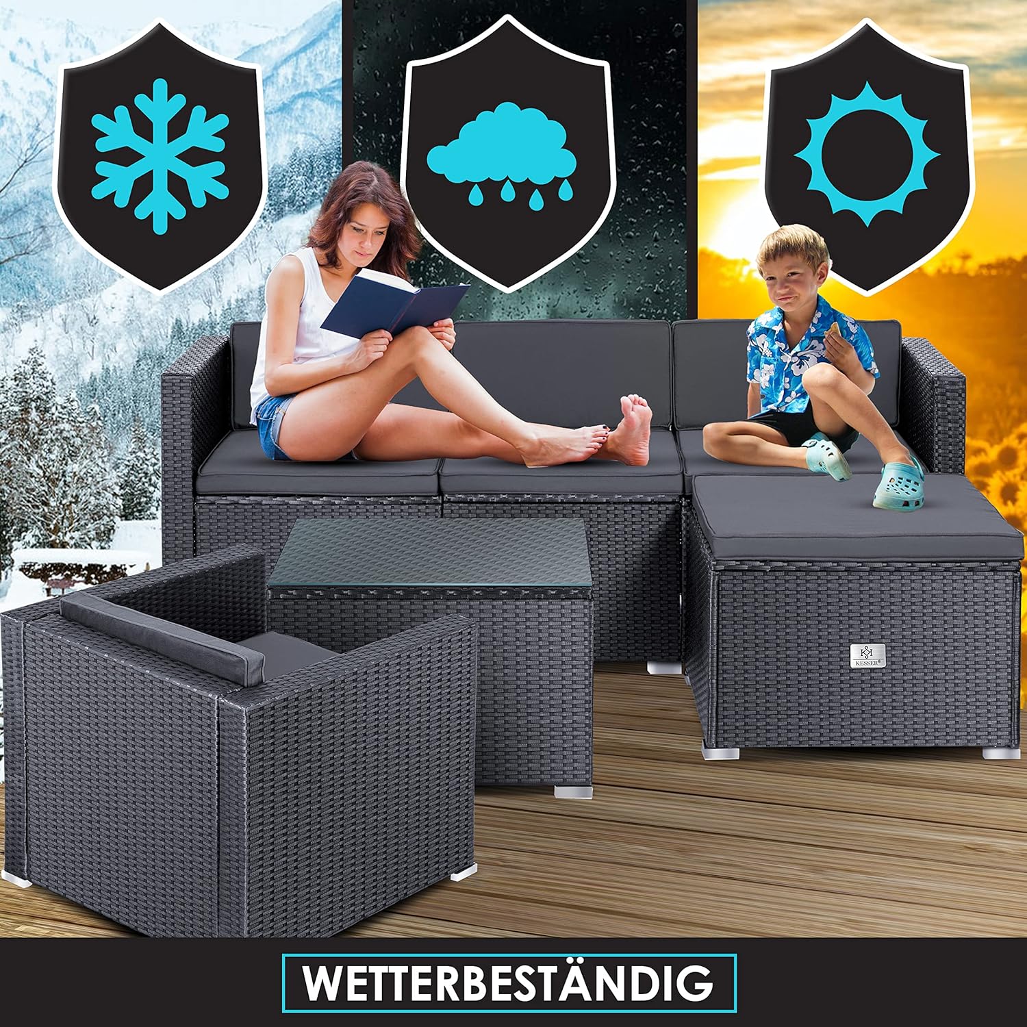 KESSER® Polyrattan Lounge Aruba - Gartenlounge für 4-5 Personen Gartenmöbel-Set Sitzgruppe aus 3er Gartensofa, Sessel, Hocker Beistelltisch mit Sitzkissen für Garten, Terrasse und Balkon, Anthrazit