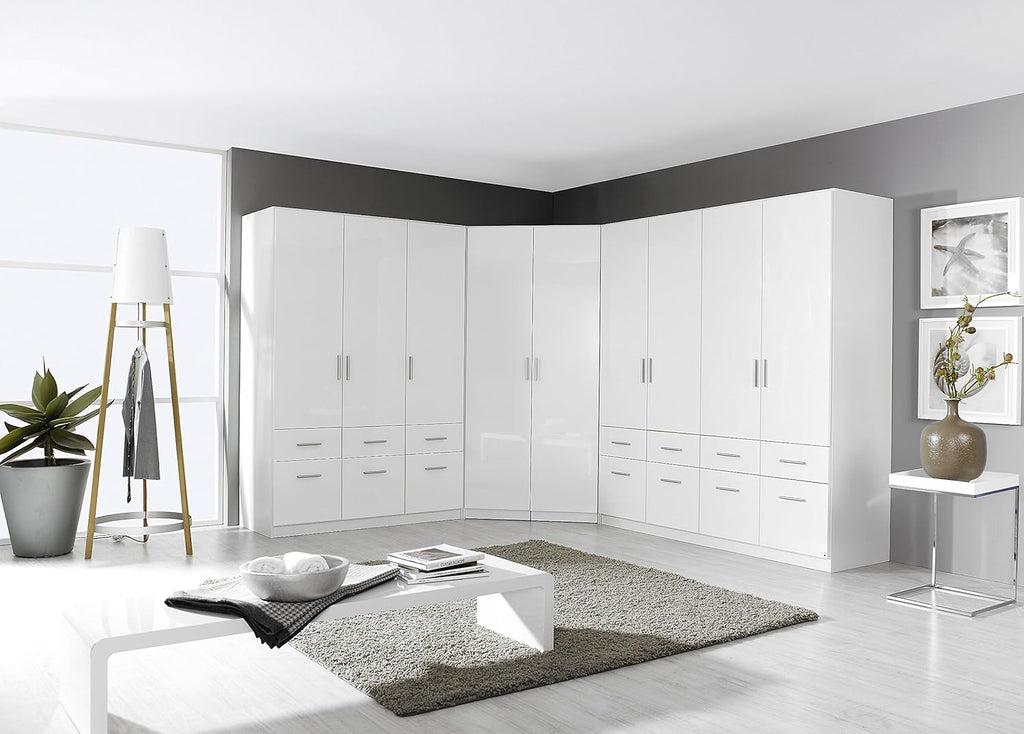 Rauch Möbel Celle, Kleiderschrank für Schlafzimmer, Kinderzimmer, Babyzimmer, Garderobe, Flur, 3-türig, 6 Schubladen, Farbe Hochglanz Weiß/Weiß, Breite 136 cm