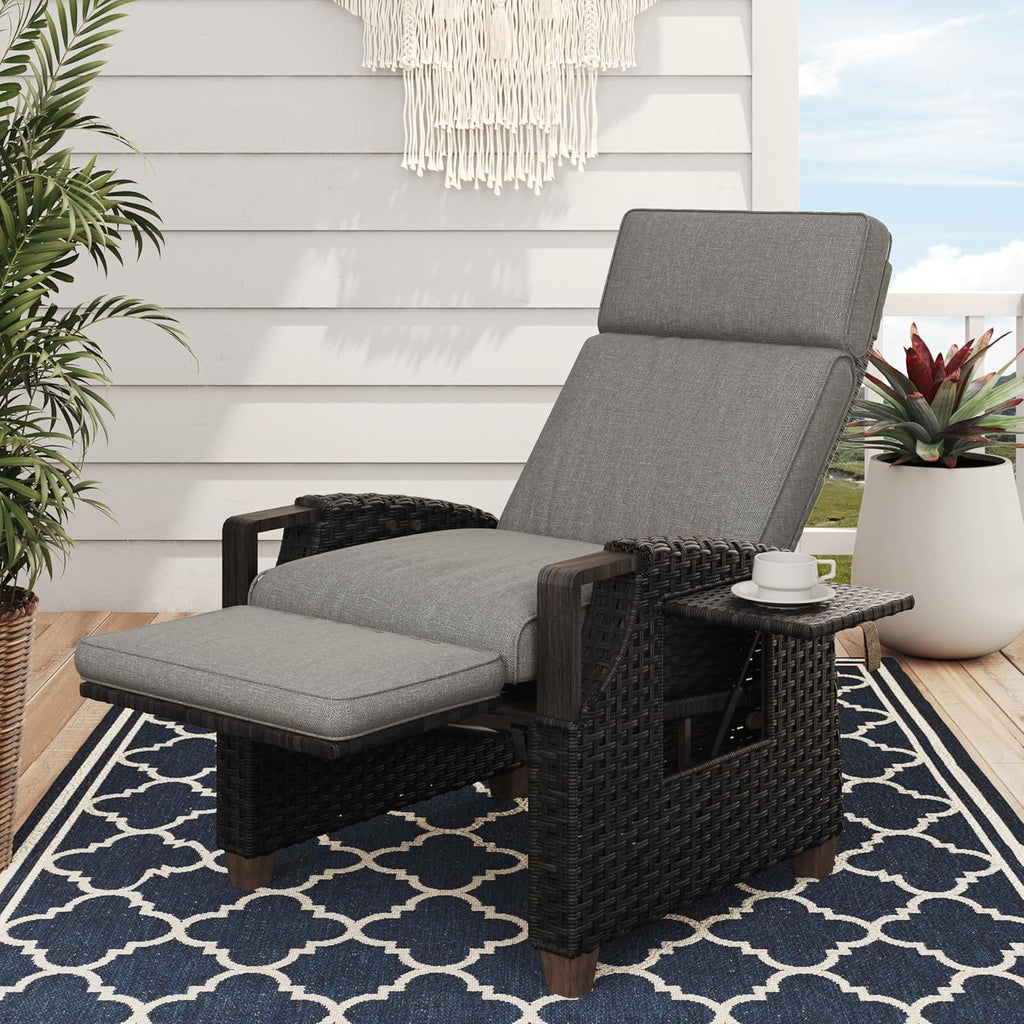 Grand patio Relaxliege Liegesessel mit Sitzkissen Armlehnensessel Verstellbare Rückenlehne Rattan Sonnenliege für Innen, Außeneinsatz, Dunkelgrau -Dunkel Grau Sitzkissen & Braun Rattan