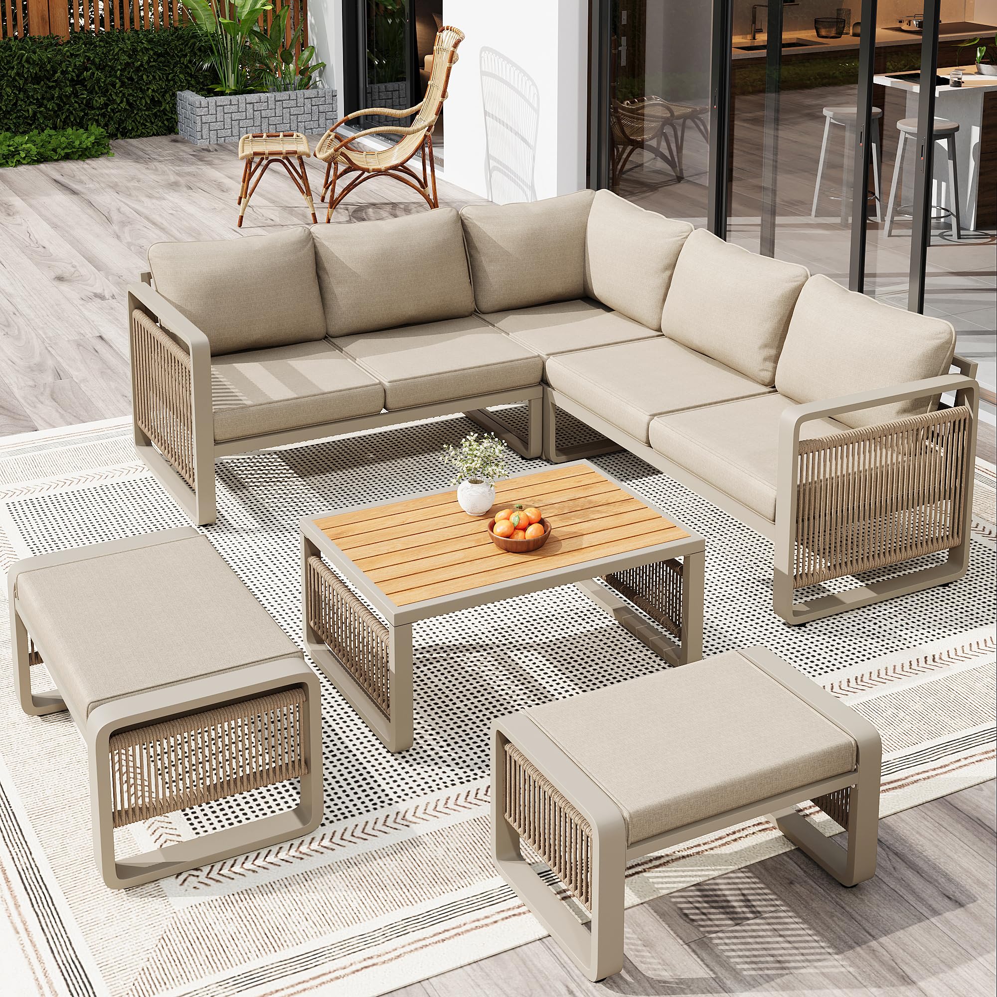 Merax Gartenmöbel Lounge Set 6-7 Personen, Gartensofa Eckgarnitur mit Liege, Handgewebtes Seil Outdoor Sofa, Wetterfestes Gartenmöbel Set für Terrasse, Balkon, Garten, Grau