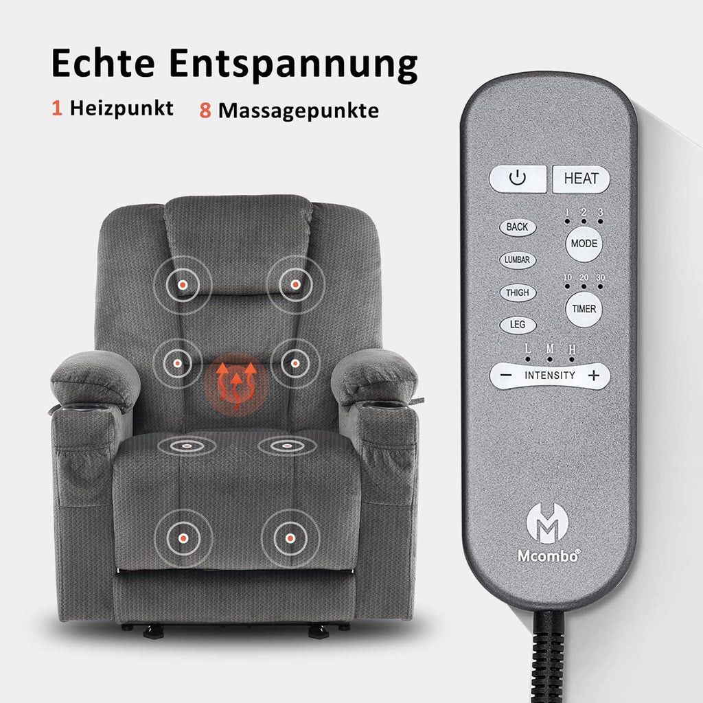 M MCombo Fernsehsessel elektrisch verstellbar 7008, Relaxsessel mit Liegefunktion, TV Sessel mit Massage & Wärmefunktion, USB & Getränkehalter, Wohnzimmer (Stoff, Grau)