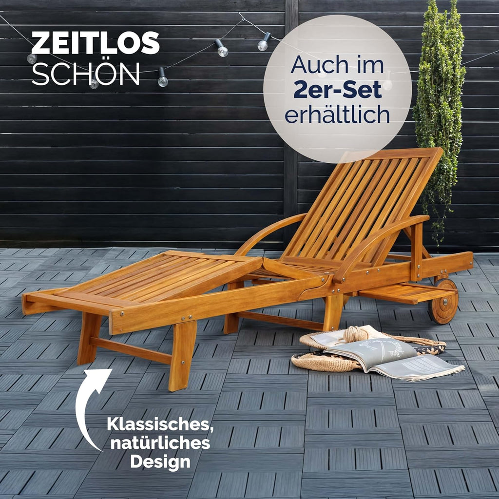 Casaria® Sonnenliege 2er Set Klappbar Wetterfest 2 Personen Holz Gartenliege mit 2 Räder Ablage Tisch Liegestuhl Verstellbare Rücken- Fußlehne Garten 196cm