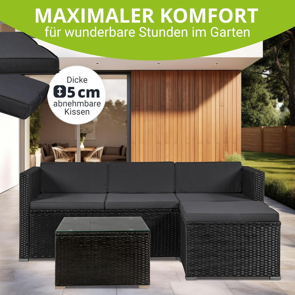 Juskys Polyrattan Lounge Punta Cana M für 3-4 Personen mit 3er Sofa, Sessel, Tisch & Kissen, Sitzgruppe für Garten, Terrasse und Balkon, Gartenmöbel Set wetterfest - schwarz/grau