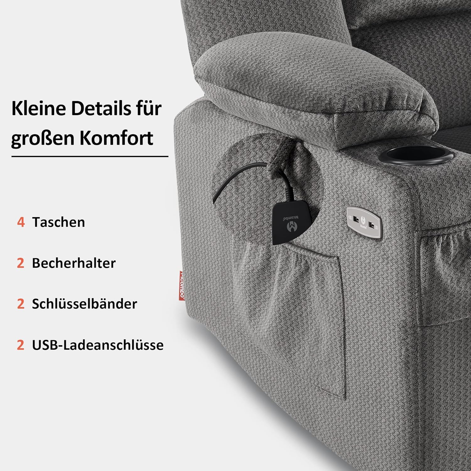 M MCombo Fernsehsessel elektrisch verstellbar 7008, Relaxsessel mit Liegefunktion, TV Sessel mit Massage & Wärmefunktion, USB & Getränkehalter, Wohnzimmer (Stoff, Grau)