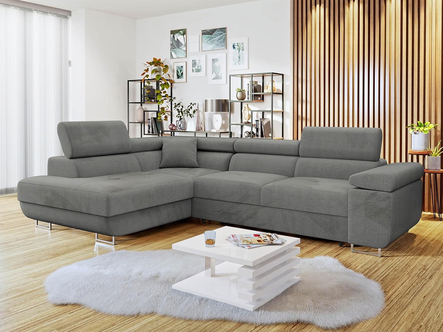 Mirjan24 Torezio Corner Sofa with Bed Box, Adjustable Headrests, Sofa with Sleep Function, Corner Couch for Living Room, Upholstered Corner, L-Shape Couch with Bed Function (Manila 16, Side: Left)