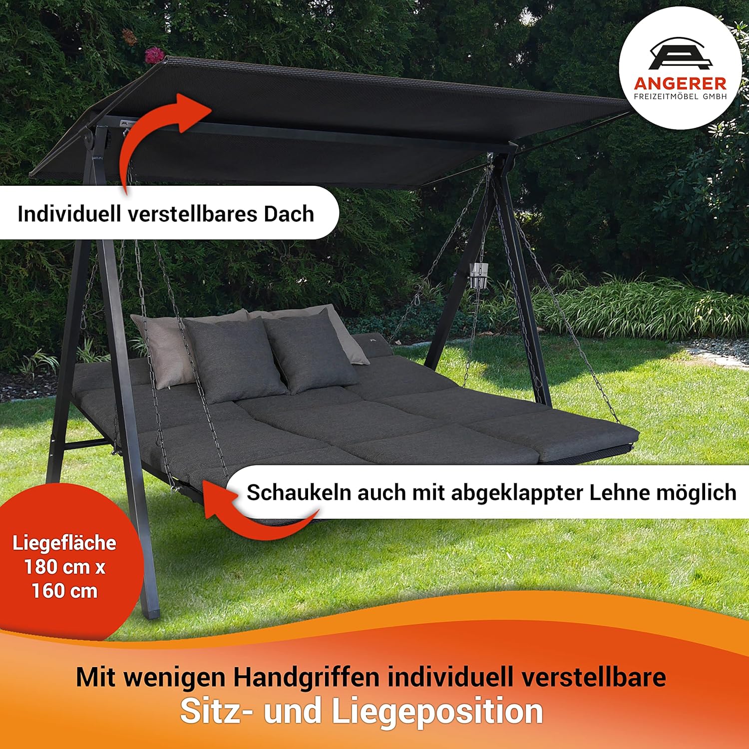 ANGERER Hollywoodschaukel Lounge Smart – Schaukel zum Sitzen, Liegen & Entspannen, inkl. Bett-Funktion, einfache Montage, Made in Germany, hochwertiger Stoff, Grau