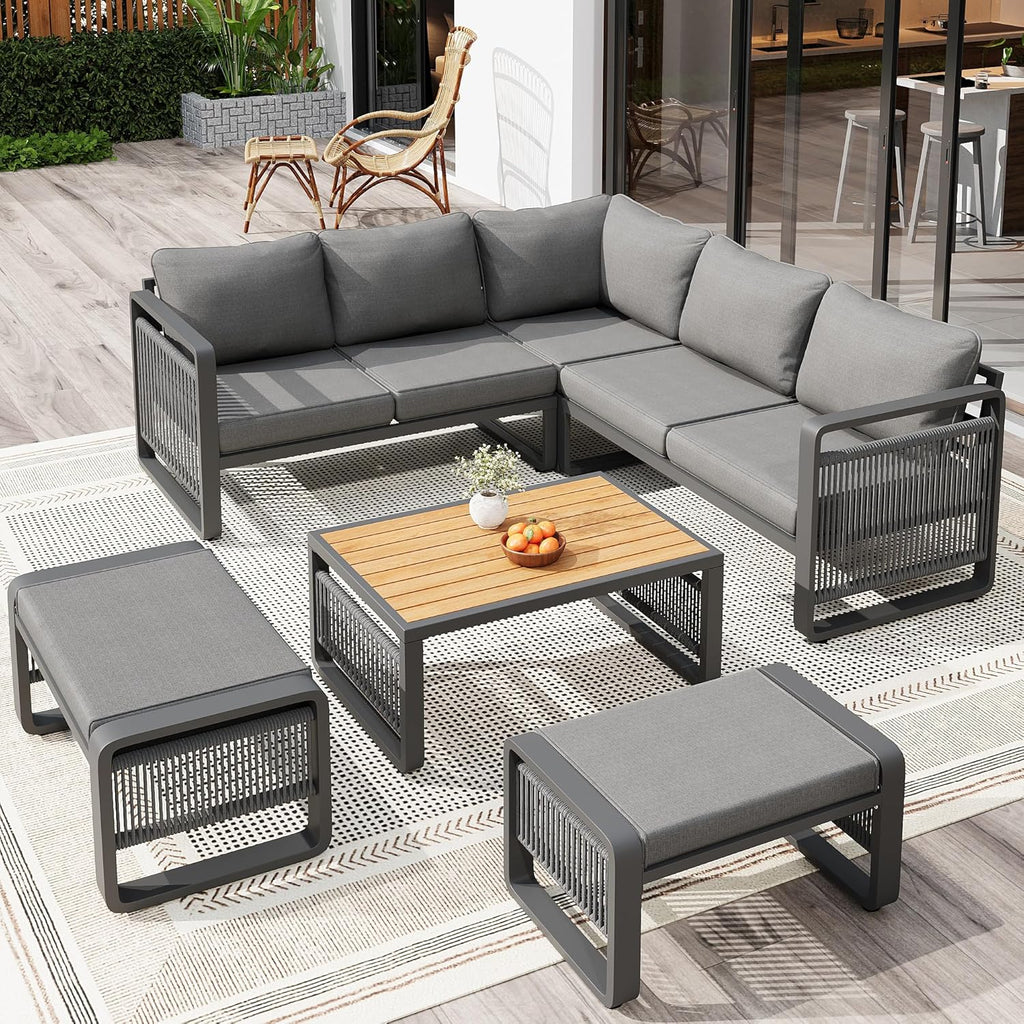 Merax Gartenmöbel Lounge Set 6-7 Personen, Gartensofa Eckgarnitur mit Liege, Handgewebtes Seil Outdoor Sofa, Wetterfestes Gartenmöbel Set für Terrasse, Balkon, Garten, Grau