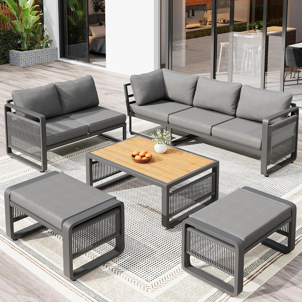 Merax Gartenmöbel Lounge Set 6-7 Personen, Gartensofa Eckgarnitur mit Liege, Handgewebtes Seil Outdoor Sofa, Wetterfestes Gartenmöbel Set für Terrasse, Balkon, Garten, Grau