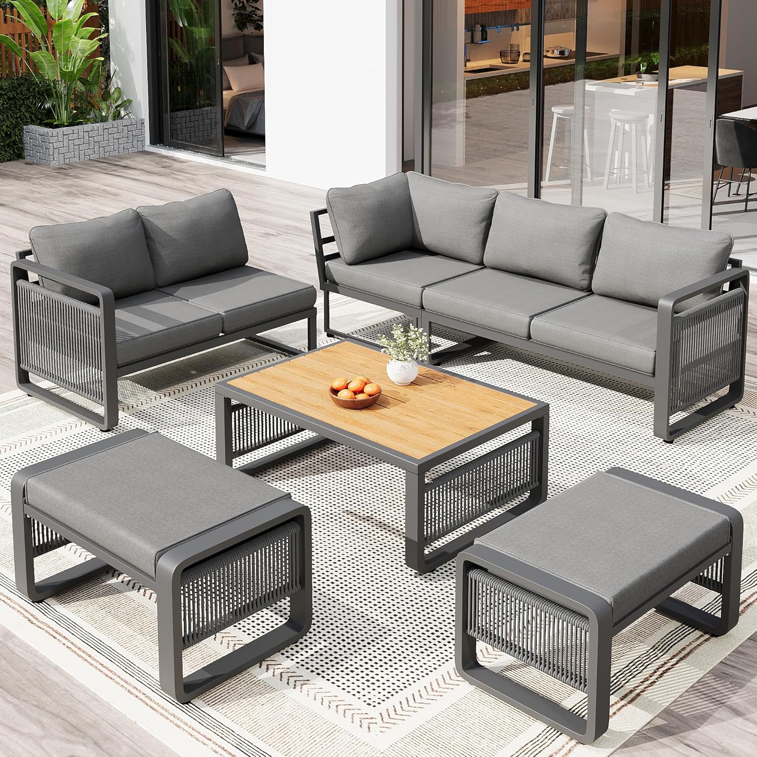 Merax Gartenmöbel Lounge Set 6-7 Personen, Gartensofa Eckgarnitur mit Liege, Handgewebtes Seil Outdoor Sofa, Wetterfestes Gartenmöbel Set für Terrasse, Balkon, Garten, Grau