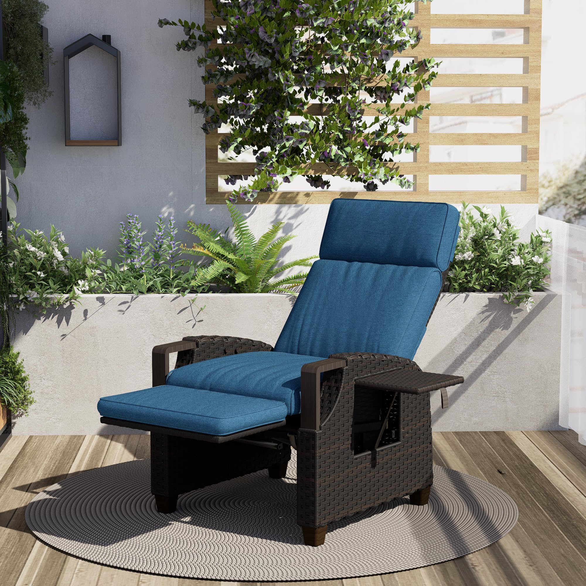 Grand patio Relaxliege Liegesessel mit Sitzkissen Armlehnensessel Verstellbare Rückenlehne Rattan Sonnenliege für Innen, Außeneinsatz, Dunkelgrau -Dunkel Grau Sitzkissen & Braun Rattan