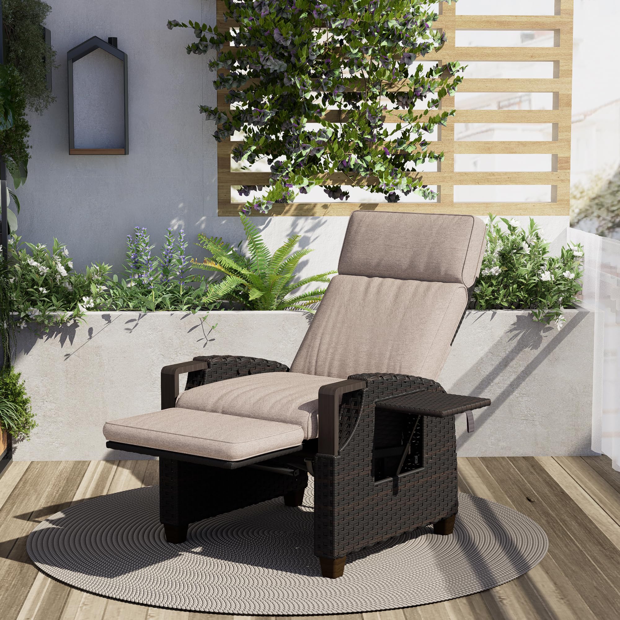 Grand patio Relaxliege Liegesessel mit Sitzkissen Armlehnensessel Verstellbare Rückenlehne Rattan Sonnenliege für Innen, Außeneinsatz, Dunkelgrau -Dunkel Grau Sitzkissen & Braun Rattan