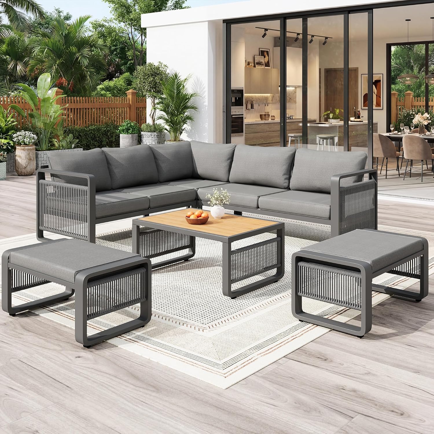 Merax Gartenmöbel Lounge Set 6-7 Personen, Gartensofa Eckgarnitur mit Liege, Handgewebtes Seil Outdoor Sofa, Wetterfestes Gartenmöbel Set für Terrasse, Balkon, Garten, Grau