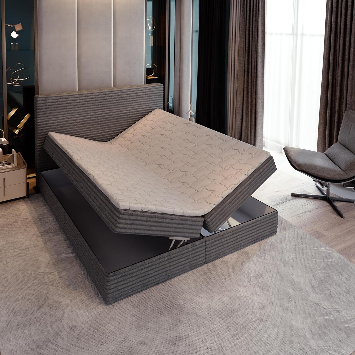 Masseno Boxspringbett PISA 160x200 cm Komplett-Set mit Matratze und Topper, Polsterbett mit Zwei Bettkästen -Creme, TILIA 03